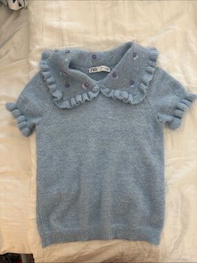 Zara Light Blue Knit Top with Ruffle Embroidered Collar
